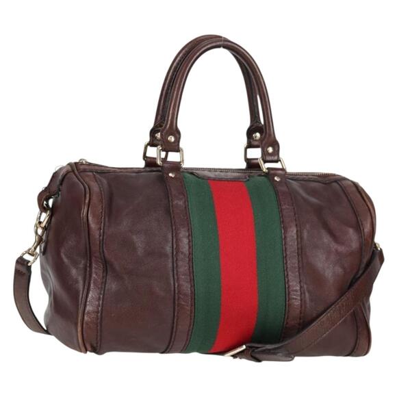 GUCCI Web Sherry Line Hand Bag Leather Brown Gold - Picture 1 of 16